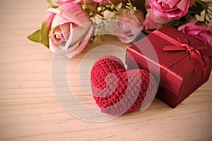 Rose and with red gift box and red heart shape, Valentine's day