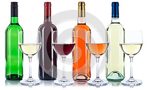 Rose red and white wine bottles isolated