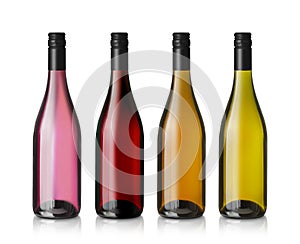 Rose, Red, and White wine bottles set, isolated on white
