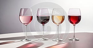 Rose,red and white wine in a wine glasses on white background at sunny day.