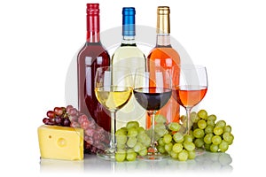 Rose red wine cheese wines grapes alcohol isolated on white photo