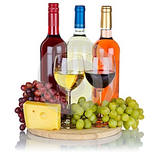 Rose red wine cheese wines grapes square isolated on white