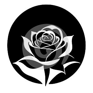 Rose in round frame stylized as a logo. Also good for tattoo. Editable vector monochrome image with high details isolated on white