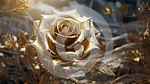 A rose sculpted in golden metal, a work of art that captures the beauty of the natural flower in a durable and timeless material.