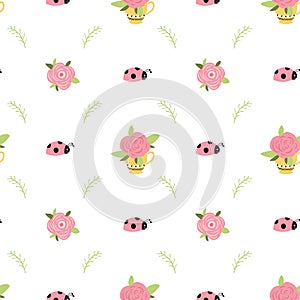 Rose seamless pattern floral doodle design flowers leaves ladybug spring background Pink vector