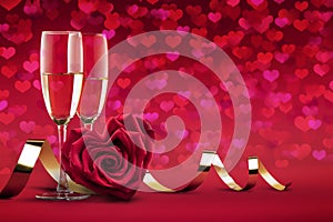 a rose in the shape of a heart, two glasses of champagne wine, a Valentine's day or wedding card romantic concept of the