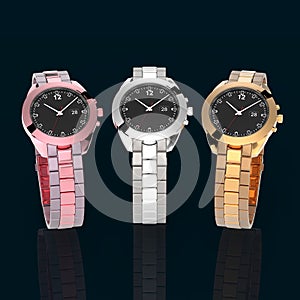 Rose, silver and gold watch on dark