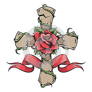Rose on Stone Cross and Ribbon Tattoo