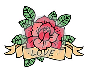 Rose tattoo with ribbon . Vector illustration art. Vintage engraving.