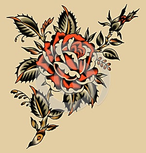 Rose Tattoo Stile. Beige Background.