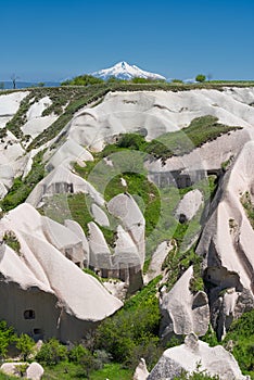 Rose valley with cave houses and a peak of mount Erciyes, Goreme national park in Cappadocia Turkey