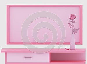 A rose in a vase on a table; a frame or a board hangs on the wall. 3d render