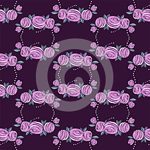 Rose vector seamless pattern. Pink, green, violet colors. Floral endless texture can be used for printing onto fabric