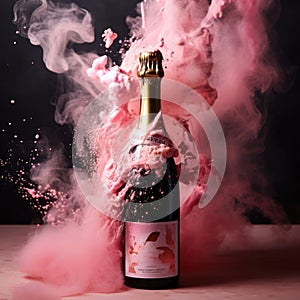 Rose vine champagne bottle pink powder smoke explode
