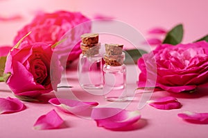 Rose water or essential oil in glass bottles with pink fresh rose flowers and petals on pink background