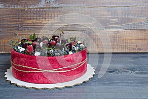 Rose wedding biscuit fruit cake with berries and some green