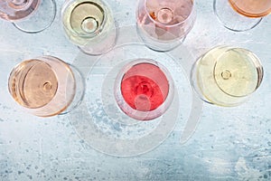 Rose and white wine, overhead flat lay shot with a place for text