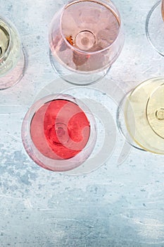 Rose and white wine, top shot with copyspace. Winetasting event at a winery photo