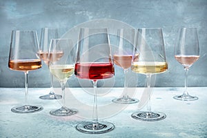 Rose and white wine in a variety of color in elegant glasses at a tasting