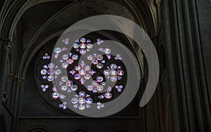 Rose window or Catherine window on facade of Cathedral of Notre Dame of Lausanne. Switzerland