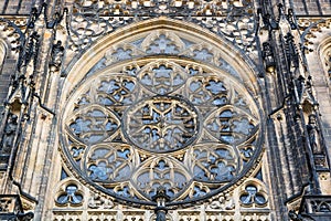 The rose window on the facade of St. Vitus Cathedral in Prague