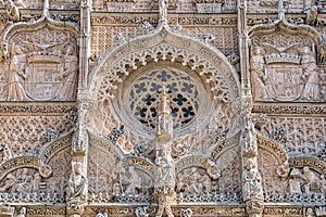 Rose window and Gothic style architecture on the facade of the conventual church of San Pablo