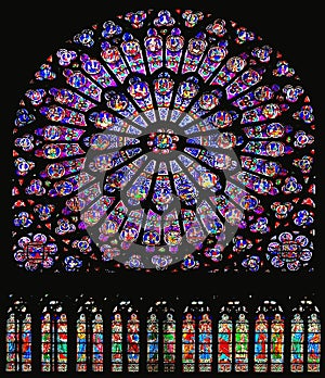 Beautiful Stained Glass Rosetta Window of South Transept in Notre Dame Cathedral, Ile de la Cite, Paris, France