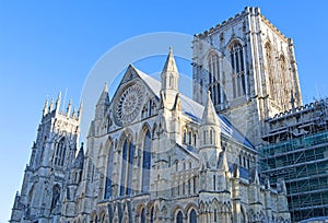 The Rose Window, South Transept and restoration, at York Minster, York, North Yorkshire, England.