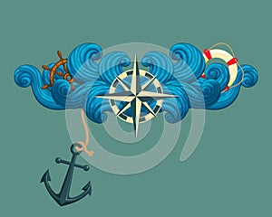 Rose of the winds with ship`s wheel, lifebuoy and anchor.