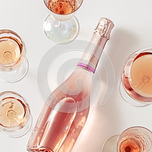 Rose wine assortment in crystal glasses, bottle of rose champagne sparkling wine. Summer alcoholic drink