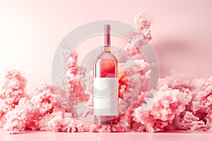 Rose wine bottle with empty white label on tender pink background with tender pink explosion clouds