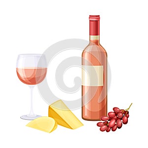 Rose Wine in Bottle and Glass with Cheese and Grapes Vector Illustration