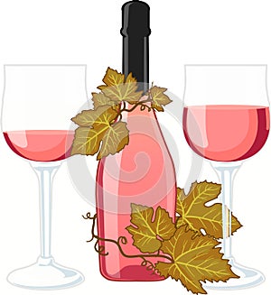 Rose wine bottle with two filled glasses