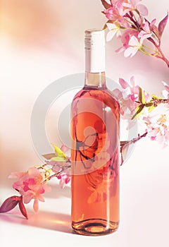 Rose wine bottle on white table and pink flowers. Rosado, rosato or blush wine tasting in wineshop, bar concept