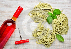 Rose Wine and Green Italian Tagliatelle Pasta