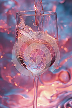 Rose wine pouring in glass, holographic, glowing neon lights color aesthetics. Drops and splashes of liquid around the wineglass.