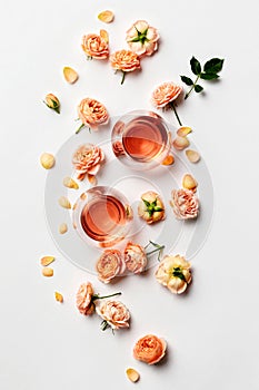 Rose wine and roses on white background