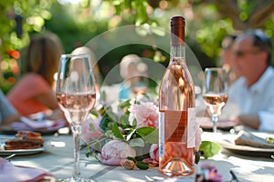 Rose wine on served table outdoors, people on blurred background. Family dinner in the summer garden, friends celebrating,
