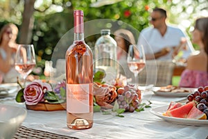 Rose wine on served table outdoors, people on blurred background. Family dinner in the summer garden, friends celebrating,