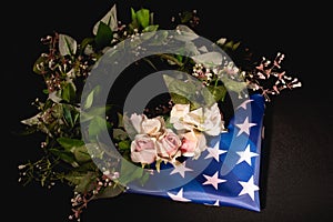 Rose wreath and american flag on