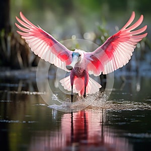 Ai Generated illustration Wildlife Concept of Roseate Spoonbill landing in a marsh - Florida