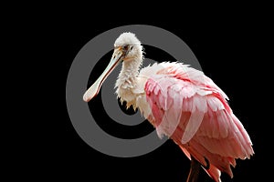 The roseate spoonbill Platalea ajaja, portrait on a black background. Pink water bird on a dark background