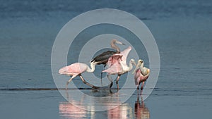 Roseate Spoonbills and Reddish Egret, J.N. 'Ding' Darling National Wildlife Refuge, Sanibel Island, Florida