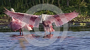 Roseate spoonbills in water