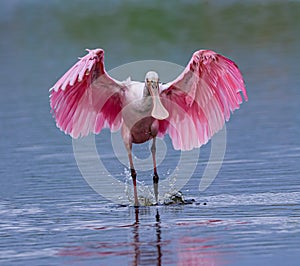 Roseatte spoonbill shows off its bright breeding colors with wings spread photo