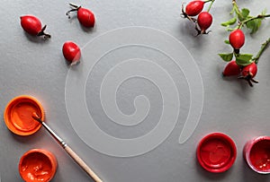 Rosehip branch, orange paint and brushes on a gray background, top view, space for text