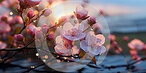 rosehip flowers on branches with dew drops at sunrise on the beac