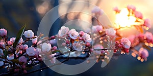 rosehip flowers on branches with dew drops at sunrise on the beac