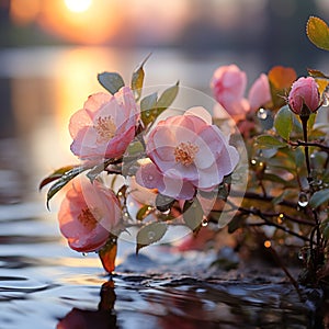 rosehip flowers on branches with dew drops at sunrise on the beac