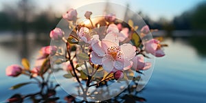 rosehip flowers on branches with dew drops at sunrise on the beac